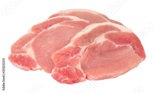 Group of fresh raw pork meat steaks isolated on a white background