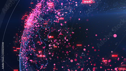 Global Network Technology. Data exchange and global network over the world 3D rendering. Global network connection and data connections concept