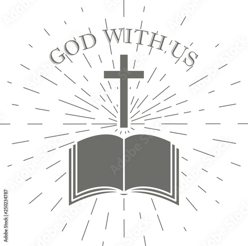 Black and white illustration of bible cross rays and text with us god