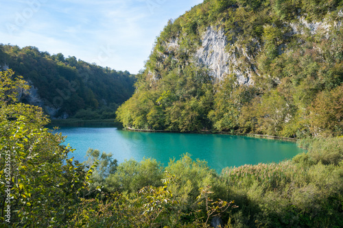 panoramic view over turquoise lake at plitvice lakes national park in Croatia