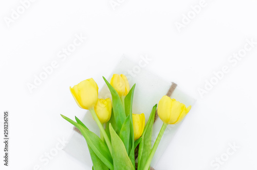 Bouquet of yellow Spring tulips lying on white gift box isolated on white background.Top horizontal view copyspace