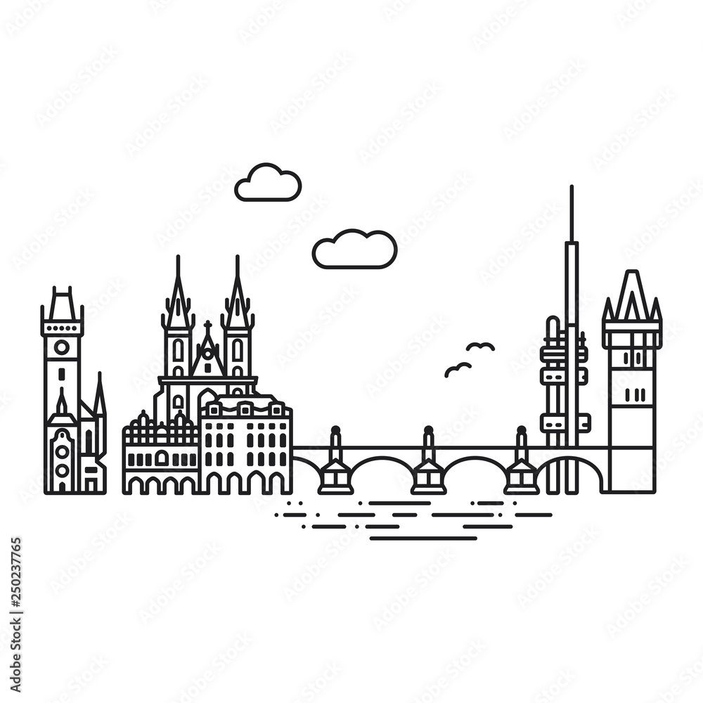 Prague cityscape with landmarks isolated line icon style vector illustration