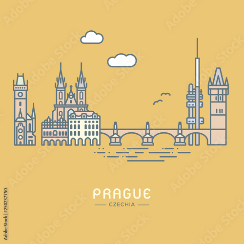 Prague cityscape with landmarks line icon style vector illustration