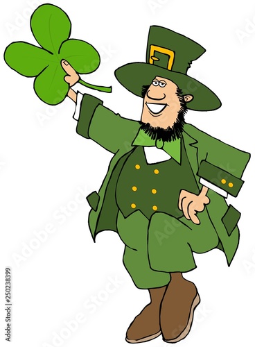Leprechaun dancing a jig and holding a large 4 leaf clover