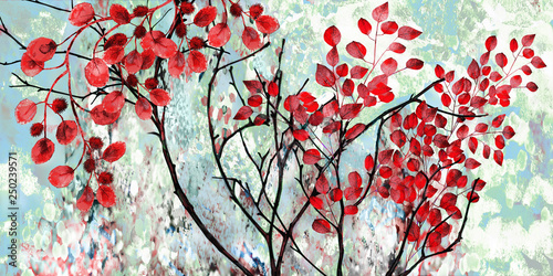 Kolekcja obrazów olejnych projektantów. Dekoracja wnętrza. Nowoczesna sztuka abstrakcyjna na płótnie. Drzewo z czerwonymi liśćmi na niebieskim tle.