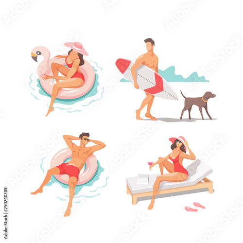 Set of people performing summer outdoor activities at beach - sunbathing, walking, carrying surfboard, swimming in sea. Traveling, holiday, vacation concept. Vector illustration.