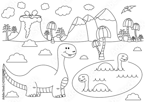 Prehistoric landscape with funny cartoon dinosaurs. Brontosaurus in the water. Black and white vector illustration for coloring book