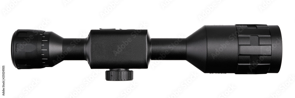 modern black optical scope for weapon isolated on whited. sight scope isolated on white back. modern black optical scope for weapon isolated on whited. sight scope isolated on white back.