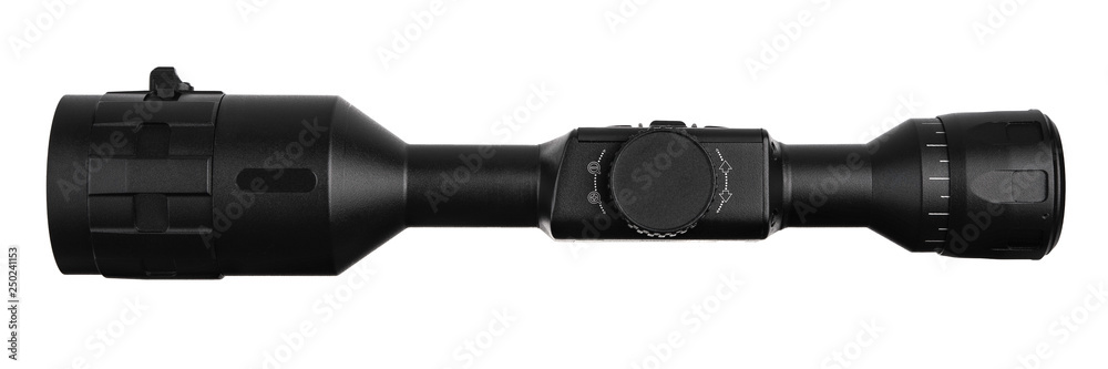 modern black optical scope for weapon isolated on whited. sight scope isolated on white back. modern black optical scope for weapon isolated on whited. sight scope isolated on white back.