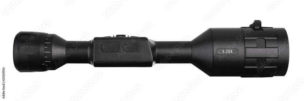 modern black optical scope for weapon isolated on whited. sight scope isolated on white back. modern black optical scope for weapon isolated on whited. sight scope isolated on white back.