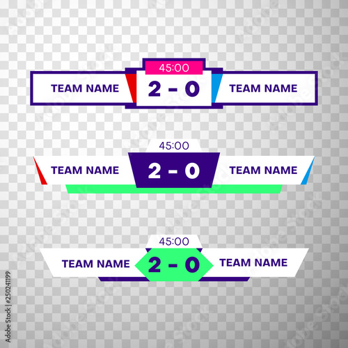 Scoreboard templates with team name, score and game timer for sporting events and battles.