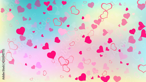 Light background. Red on Gradient fond Vector. A sample of wallpaper design, textiles, packaging, printing, holiday invitation for birthday. Red hearts of confetti are falling.