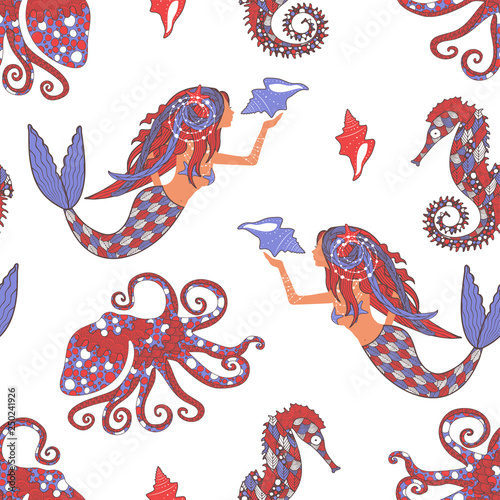 seamless pattern with sea creatures mermaid, octopus, seahorse on white background