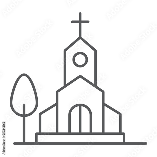 Church thin line icon, religion and building, chapel sign, vector graphics, a linear pattern on a white background.
