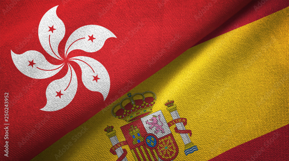 Hong Kong and Spain two flags textile cloth, fabric texture Hong Kong and Spain two flags textile cloth, fabric texture