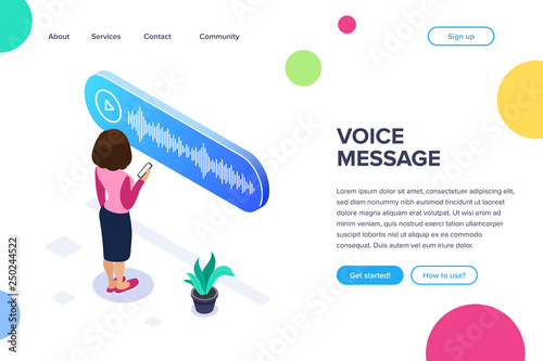 Isometric voice message concept. Woman listens to a voice message received on a mobile phone. The use of modern technology. Can use for web banner, infographics, hero images.