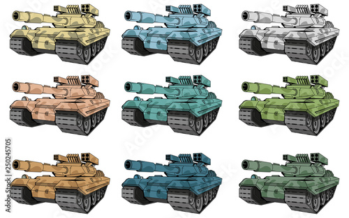 battle tanks set, different types of camouflage tank, battle tank colored drawing. vector graphic to design