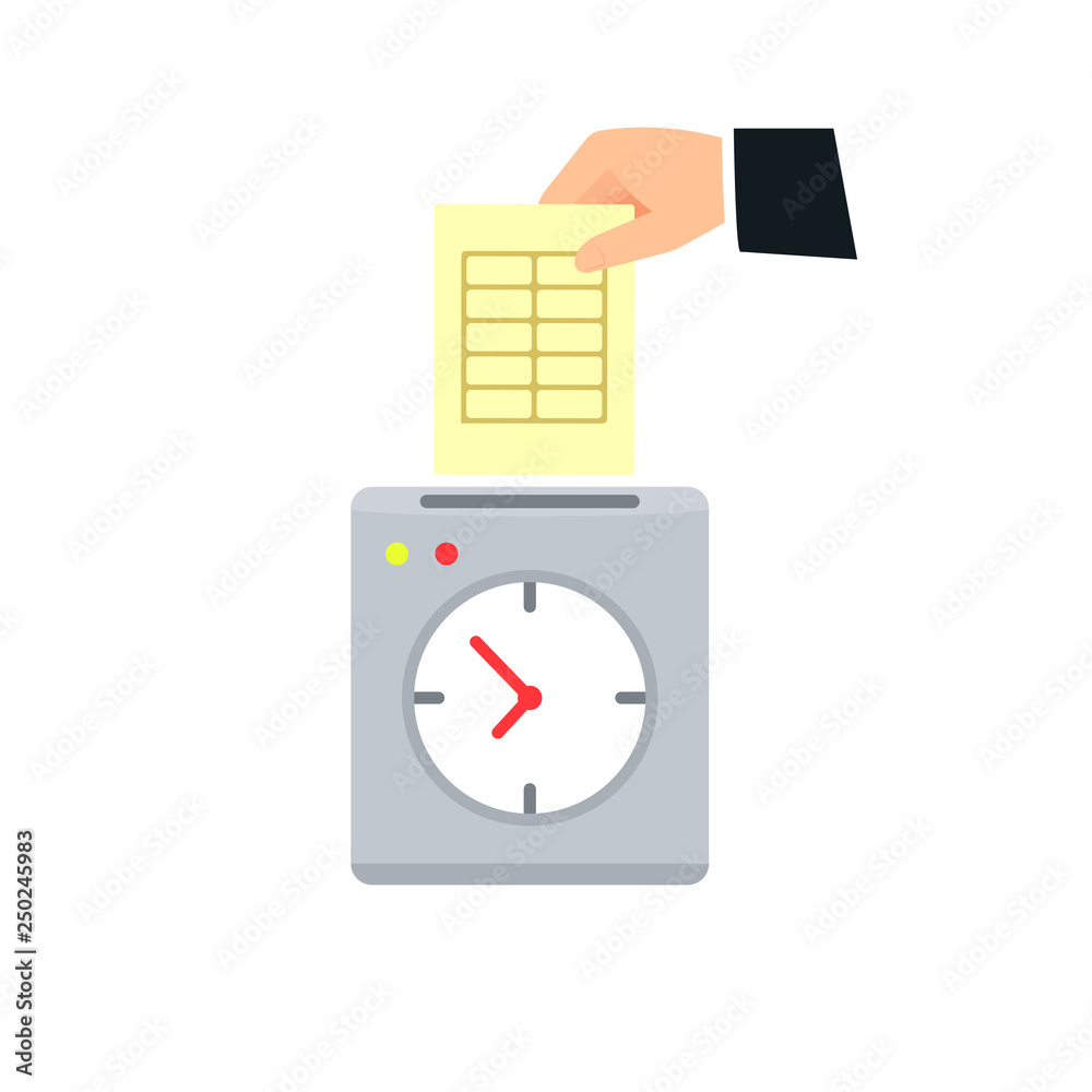 Hand putting card in time clock icon. Clipart image isolated on white background Stock Vector