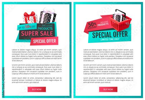 Half price economy on sale, reduction of price, discount labels presents web page template vector. Premium proposition, gifts with special offers, sellout