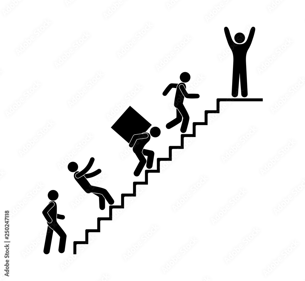 people climb the stairs, stick figure pictogram man, person falls down, loader carries load up people climb the stairs, stick figure pictogram man, person falls down, loader carries load up