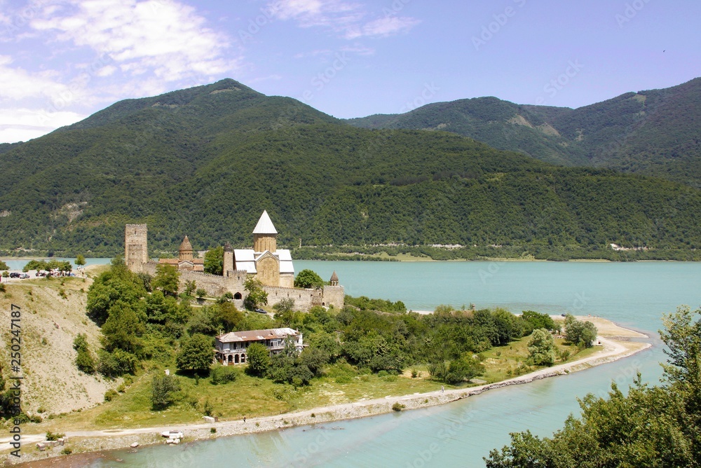 ananuri fortress, georgia, Aragvi River, castle, church, feudal, tower, panorama, landscape, lake, mountain, nature, water, mountains, summer, hill, view,