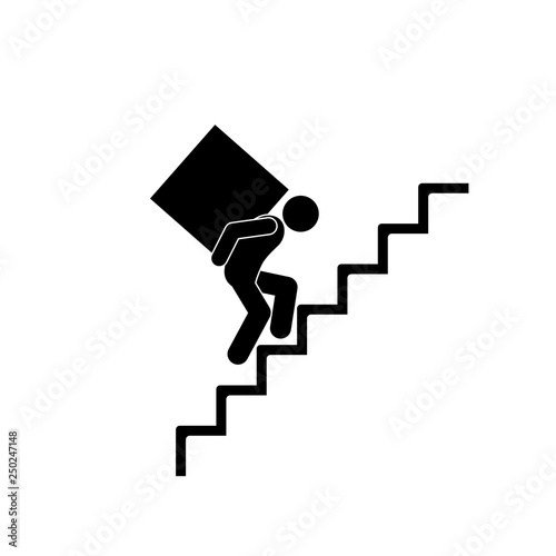 man climbs up the stairs with a load, stick figure icon human silhouette