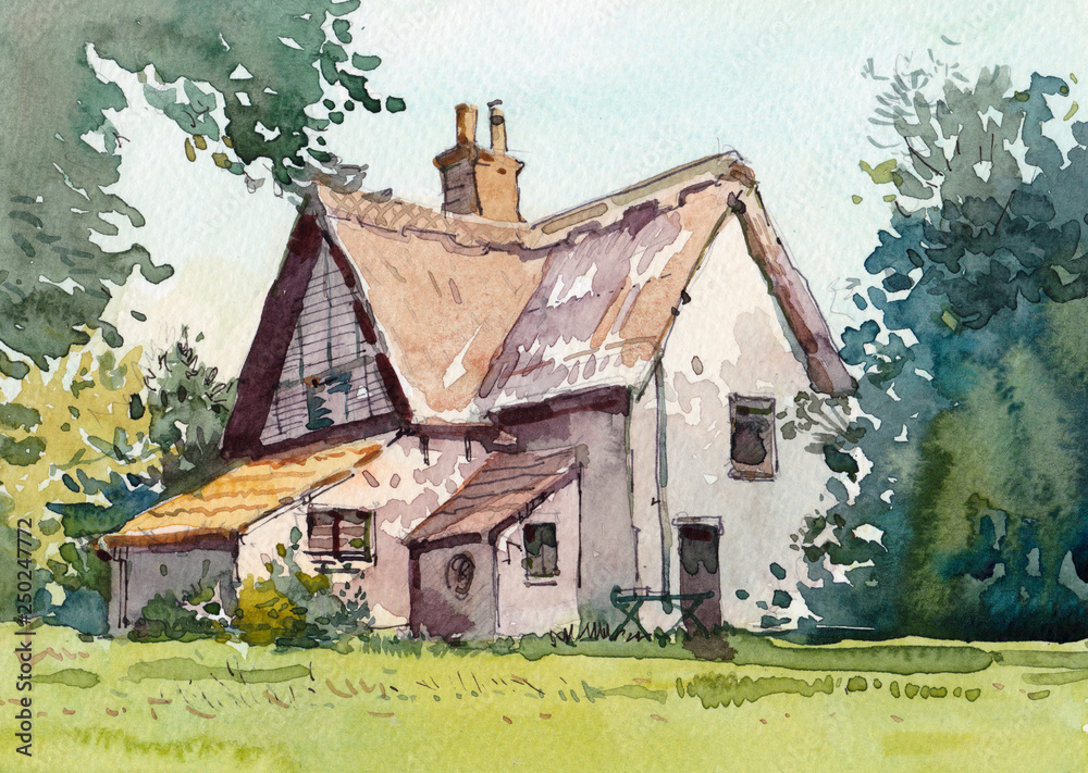 old English cottage watercolor hand drawn