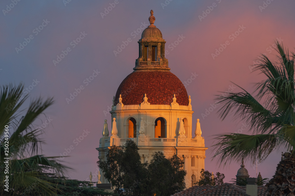  The beautiful Pasadena City Hall shown against a twilight sky. Pasadena is located in the Los Angeles county in California.