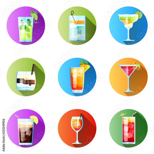 Set of Nine Round Icons with Long Shadow Tropical Cocktails 3