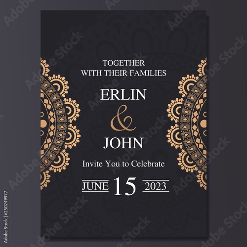 Luxury and elegant wedding invitation card with mandala ornament. Dark and golden color background.