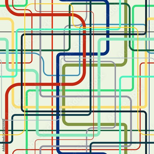 Refinery pipe labirinth endless vector. Industrial decor with colorful tube system. Scientific laboratory seamless pattern.