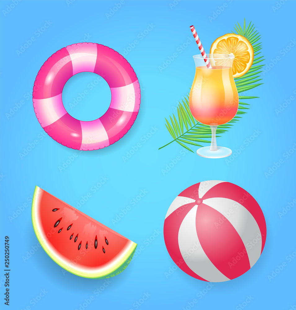 Summer cocktail and fruit isolated icons set vector. Watermelon and beverage served with orange citrus slice. Inflatable rubber ball and lifebuoy ring Summer cocktail and fruit isolated icons set vector. Watermelon and beverage served with orange citrus slice. Inflatable rubber ball and lifebuoy ring
