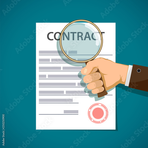 Man holding a magnifying glass and study contract.