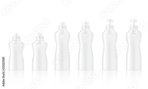 Mock up Realistic White Bottle for Dish Washing, Cosmetic Soap Pump, Shampoo and Spray Set Background Illustration