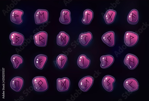 Rune set of letters, runes alphabet. Shiny square stones with fantastic symbols. Runes on the rocks in different colors. Game design beautiful elements.