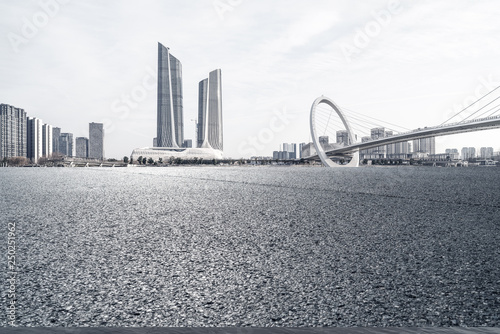 Empty road with future smart city background