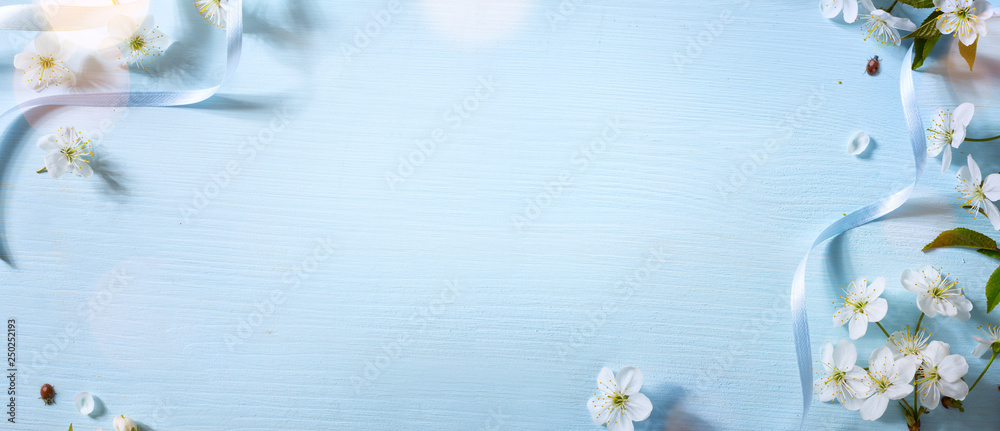 Spring floral background with spring white flower; bright Easter background - obrazy, fototapety, plakaty 