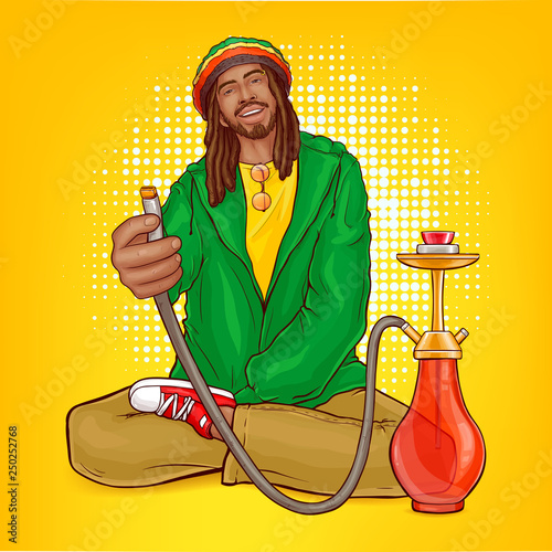 Vector pop art male character - rasta guy with dreadlocks suggests hookah. Man from Jamaica in green jacket, bright cap with calabash, hooka. African rastafarian with beard, mustache, reggae person.