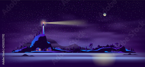 Night landscape of remote settlement on island in northern sea cartoon vector in neon colors with far glowing lights of cottage houses on snowy shore and working lighthouse on rocks illustration.