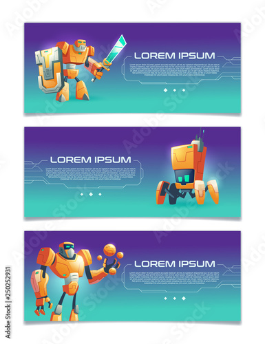 Artificial intelligence online service, robotics technologies startup, computer game portal cartoon vector web banners set with various design humanoid and four-foot futuristic robots illustration