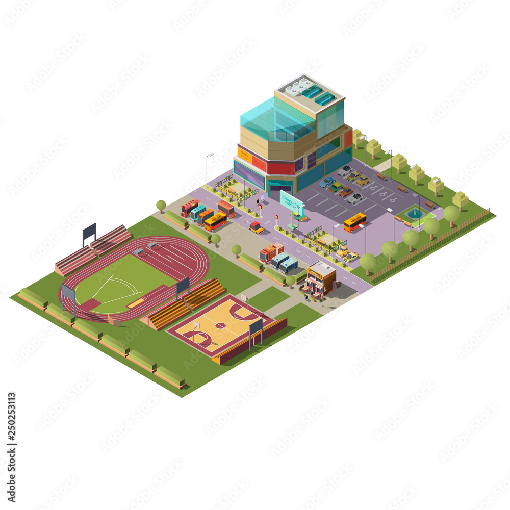 Shopping center or mall with parking, athletics stadium and outdoor basketball court cross section isometric vector illustration. City infrastructure object, urban architecture, cartography element