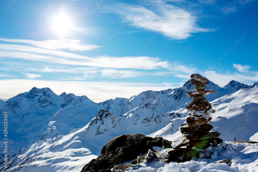 Obraz premium Happy people, children and adults, skiing on a sunny day in Tyrol mountains