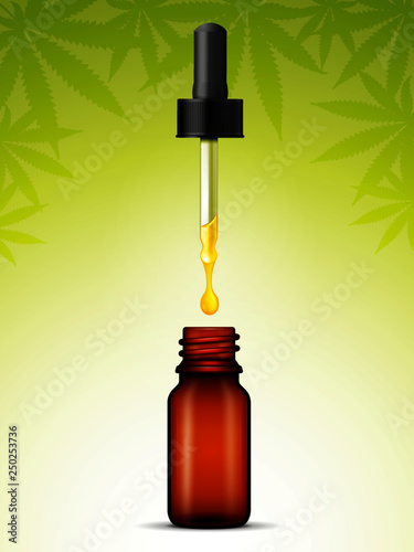 Hemp oil pipette with glass bottle and oily drop