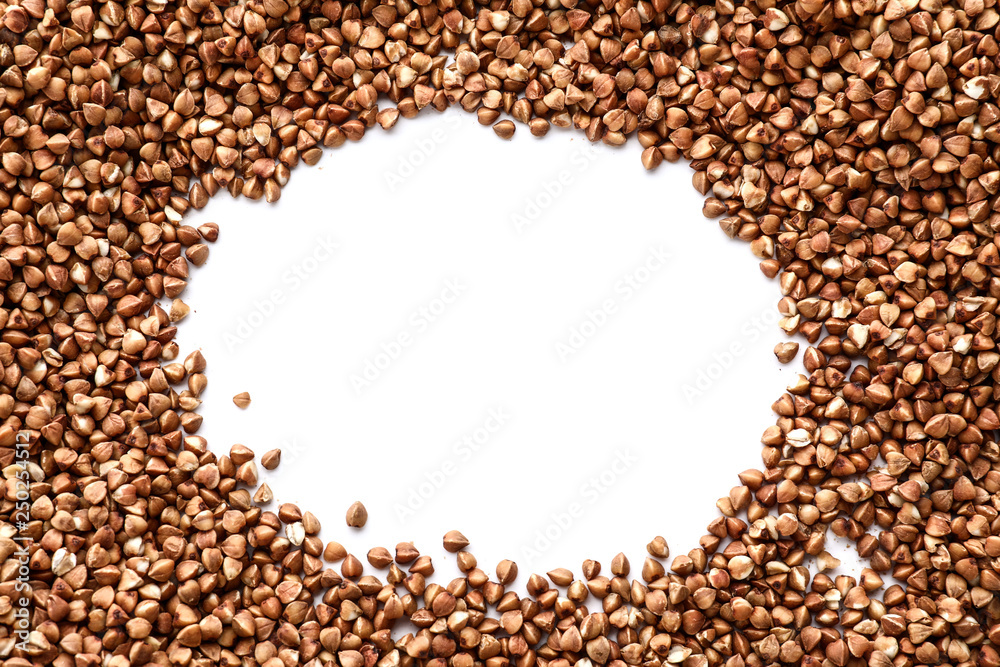 Frame made of buckwheat on white background Frame made of buckwheat on white background