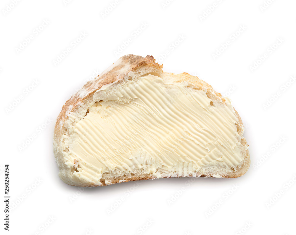 Slice of bread with butter on white background Slice of bread with butter on white background