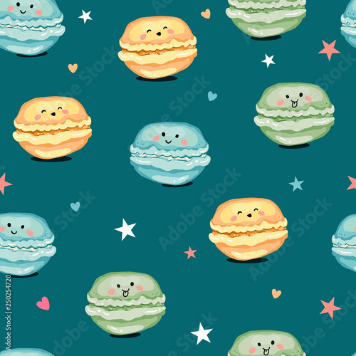 Cartoon funny sweets, macaroons print  seamless pattern. 