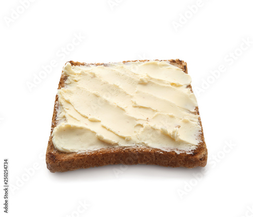 Tasty toasted bread with butter on white background