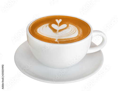 Coffee latte art flower shape, hot cappuccino isolated on white background, clipping path