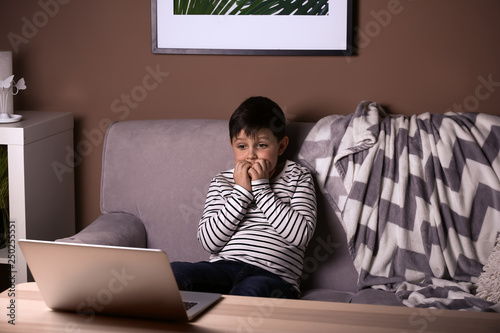 Scared little boy with lapt...