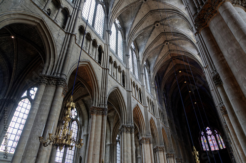 Inside Reims Cathedral. This Roman Catholic cathedral was built on the site of the basilica where Clovis was baptized. This major tourist destination receives about 1 million visitors annually.